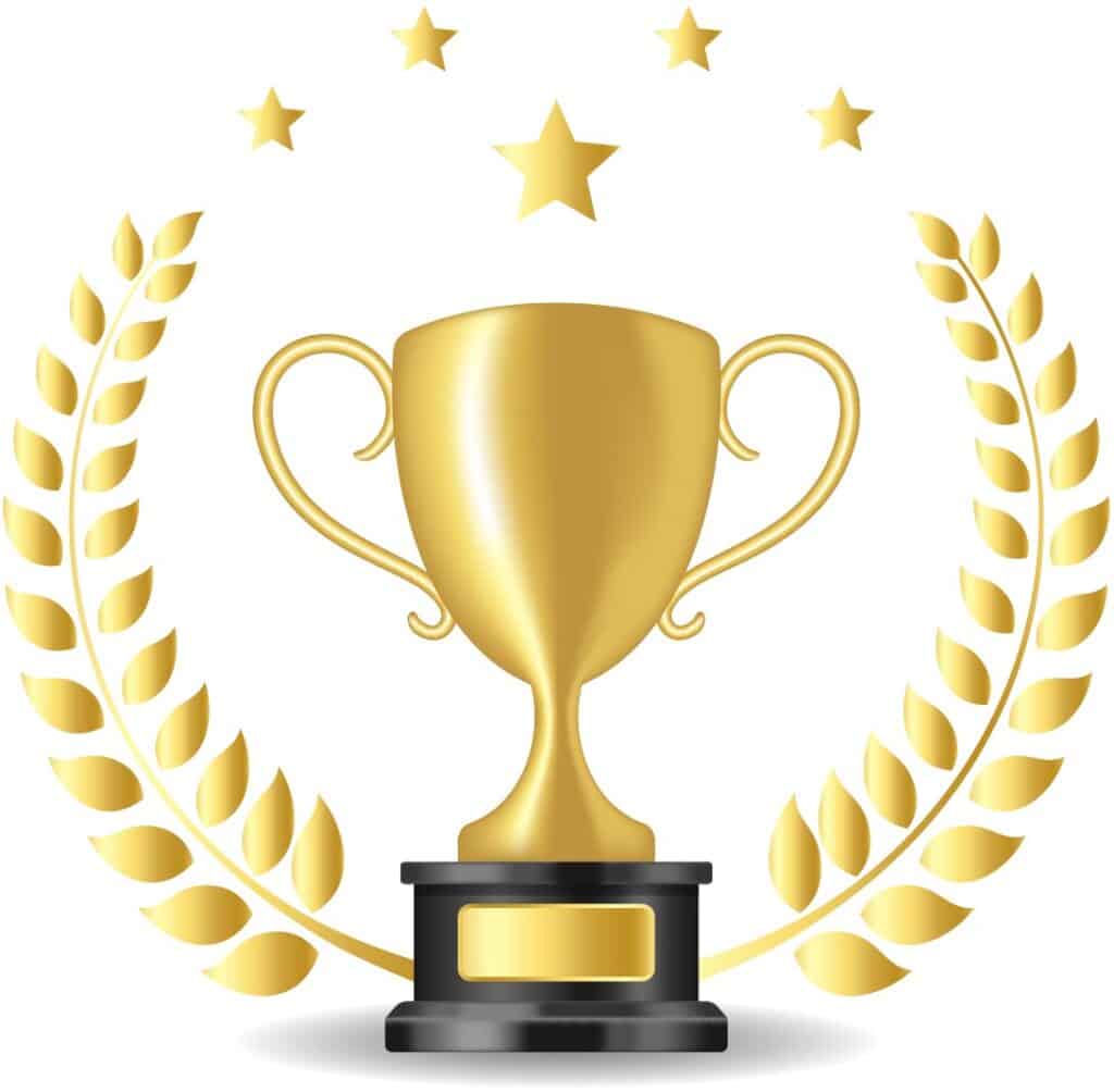 gold trophy cups Game winner prize cups, goblet prize icons vector illustration with laurel wreaths